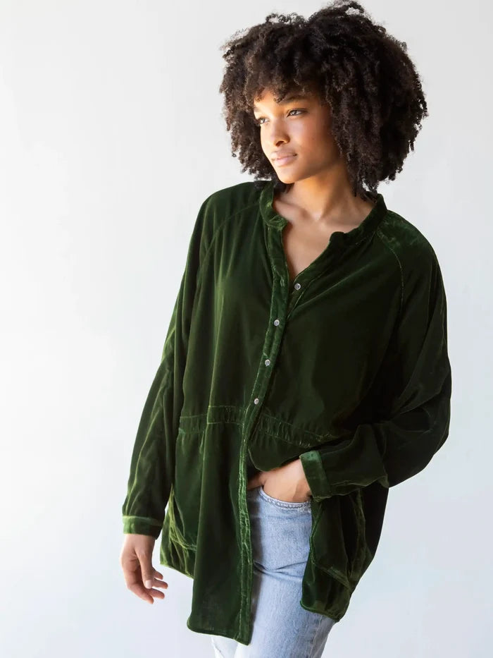 Laid Back Velvet Button Down - Military Green-view 1