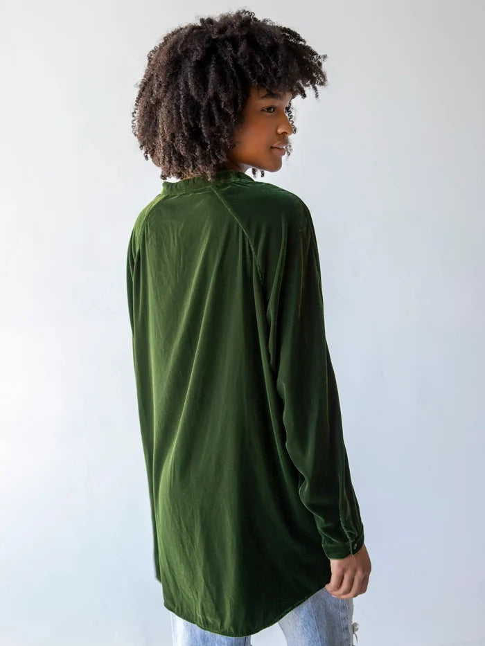 Laid Back Velvet Button Down - Military Green-view 2