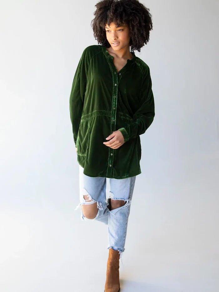 Laid Back Velvet Button Down - Military Green-view 3