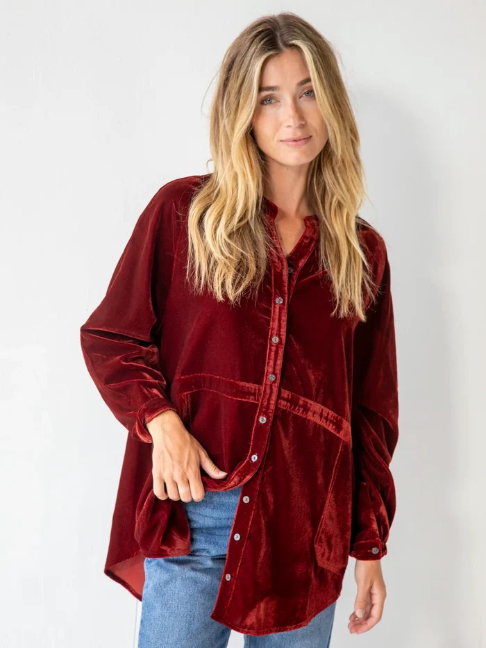 Laid Back Velvet Button Down - Rust-view 1
