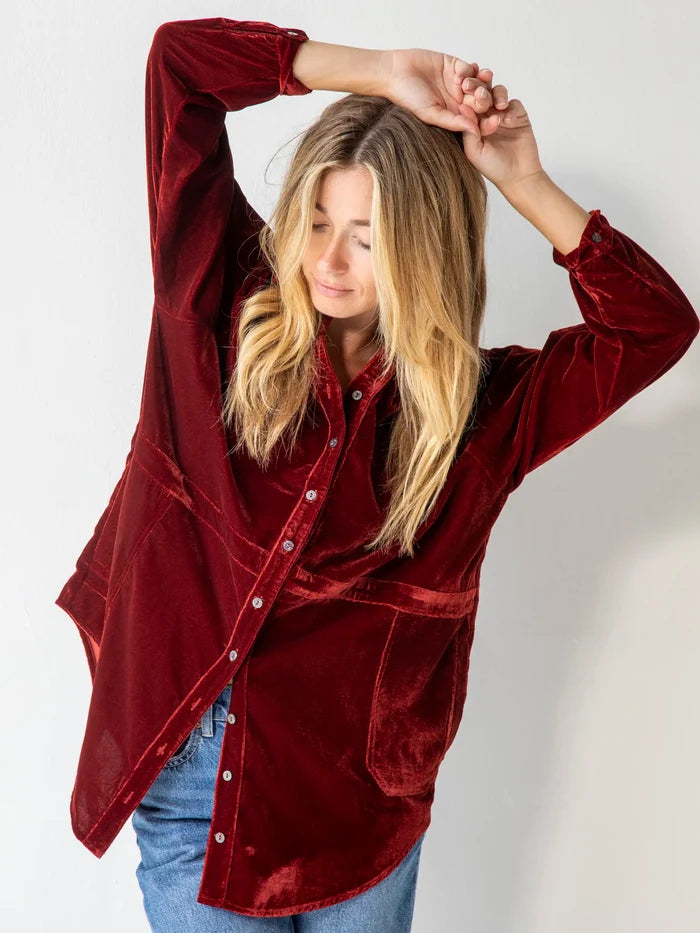 Laid Back Velvet Button Down - Rust-view 3