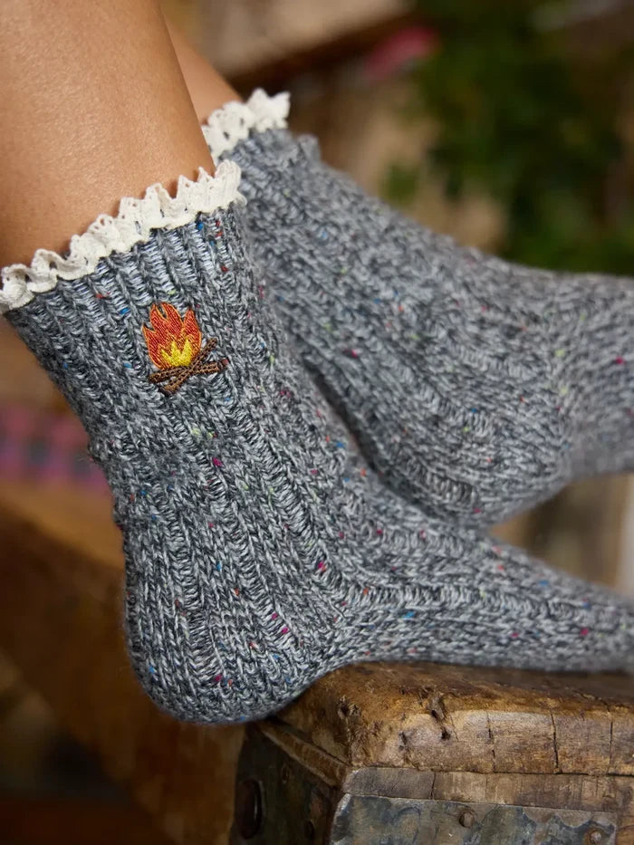 Little Things Embroidered Socks - Campfire-view 2
