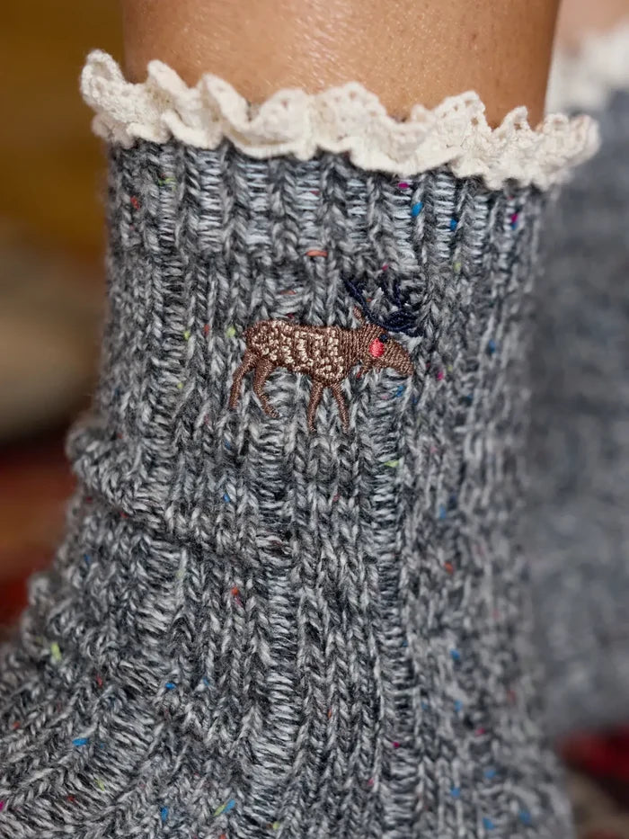 Little Things Embroidered Socks - Moose-view 1