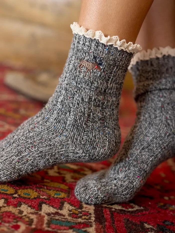 Little Things Embroidered Socks - Moose-view 2