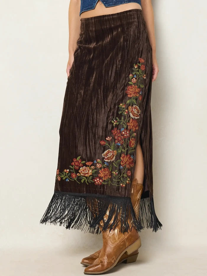 Embroidered Velvet Midi Skirt - Brown Rose Garden-view 1