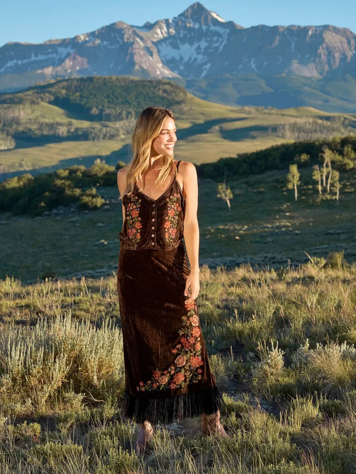Embroidered Velvet Midi Skirt - Brown Rose Garden-view 2
