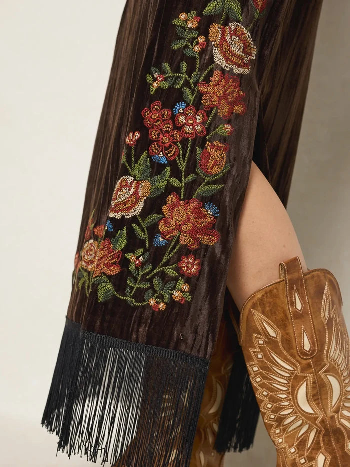 Embroidered Velvet Midi Skirt - Brown Rose Garden-view 4
