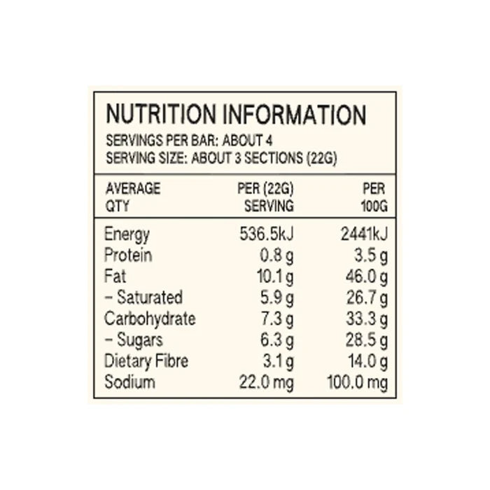 Nutritional information panel for Luvio Roasted Hazelnut truffle bar.
