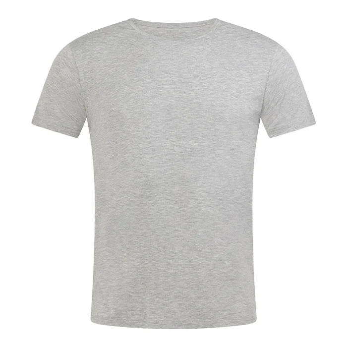 A light gray heather short-sleeve crewneck t-shirt displayed on a clean white background.
