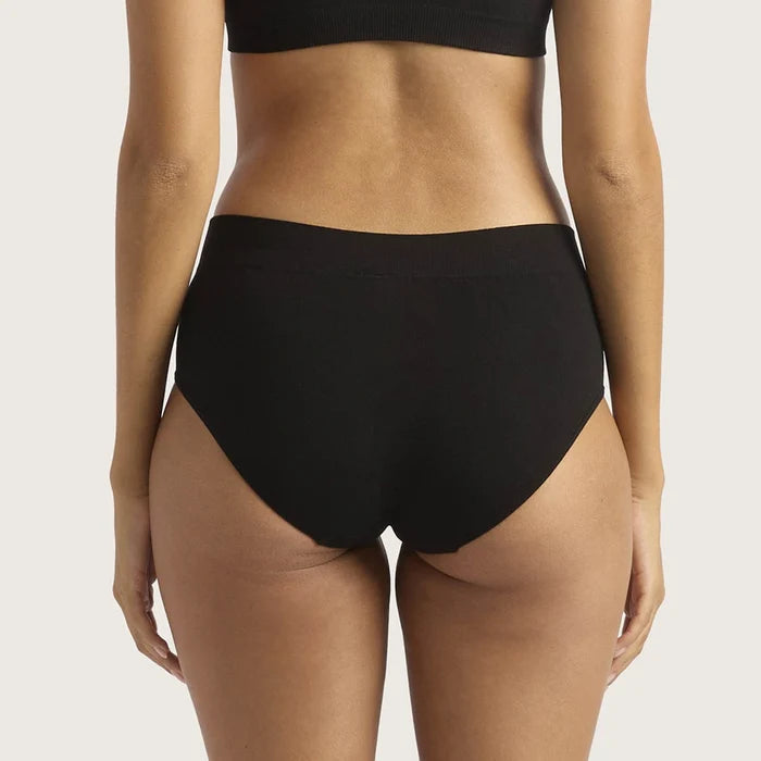 Rear view of a model wearing black high-waisted briefs and a matching black sports bra against a light gray studio background.
