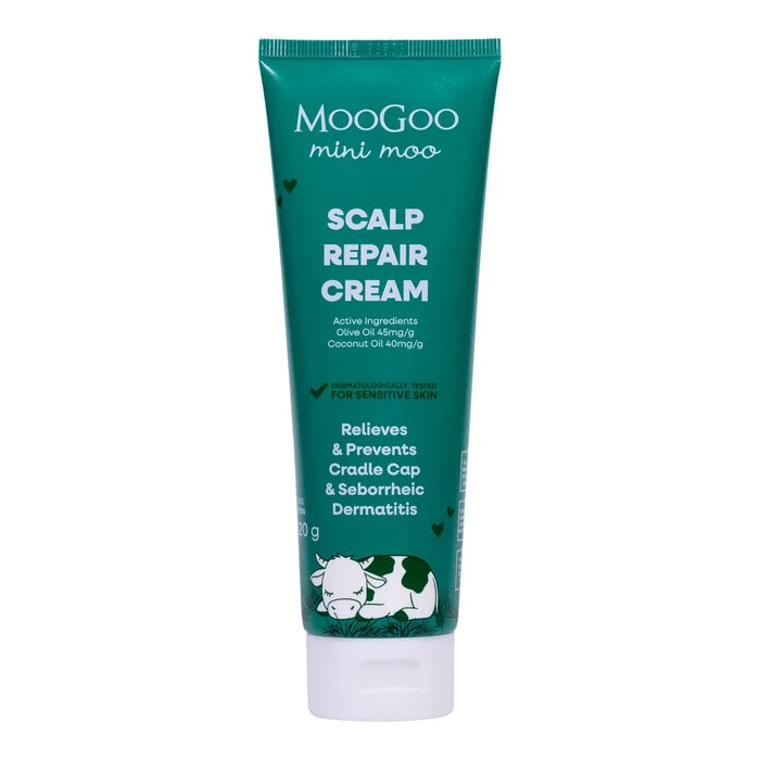 MooGoo Mini Moo Scalp Repair Cream in a teal squeeze tube with a white cap, featuring a cow illustration at the bottom.