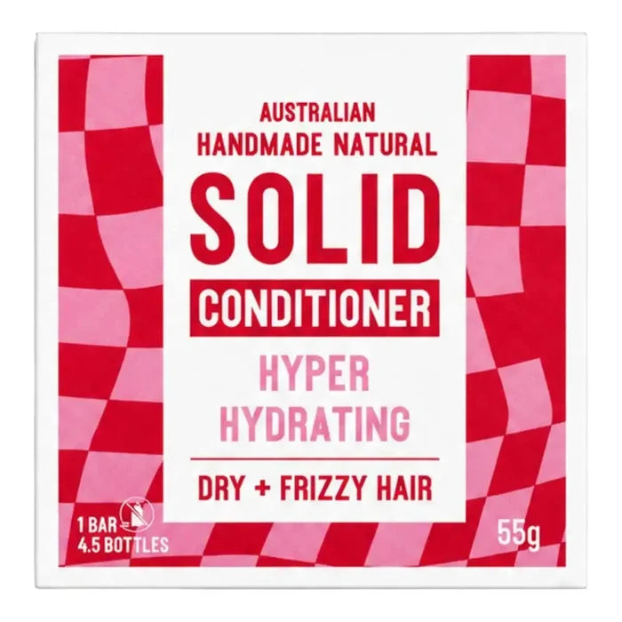 Solid Conditioner Hyper Hydrating bar packaging, featuring a white box with red and pink checkered side panels and bold red and pink text.