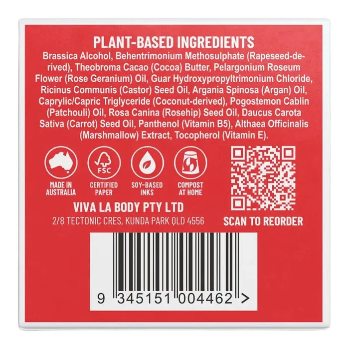 The back of Viva La Body plant-based solid conditioner showing a red panel with ingredients, icons, a QR code, and a barcode.