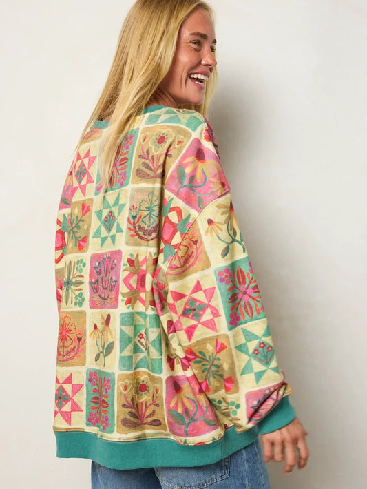 Oversized Crewneck Pullover - Folk Quilt Patchwork Cream-view 1