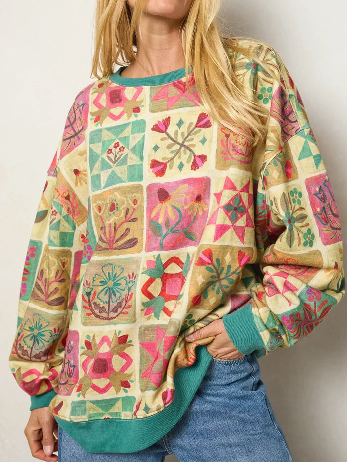 Oversized Crewneck Pullover - Folk Quilt Patchwork Cream-view 2