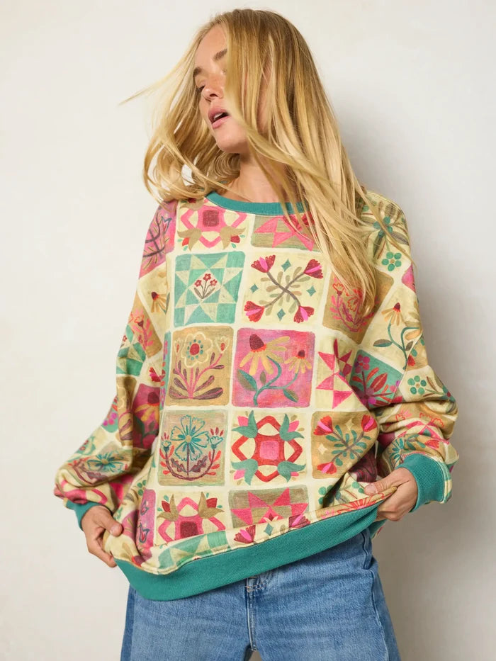 Oversized Crewneck Pullover - Folk Quilt Patchwork Cream-view 3