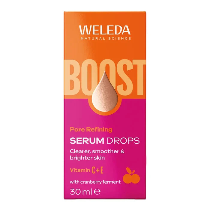 A 30ml box of Weleda Pore Refining Serum Drops, featuring a vibrant orange and magenta design with a teardrop illustration.