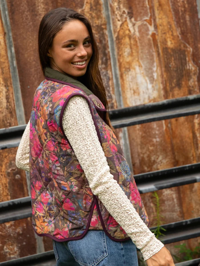 Quilted Puffer Vest - Dark Floral Garden-view 3