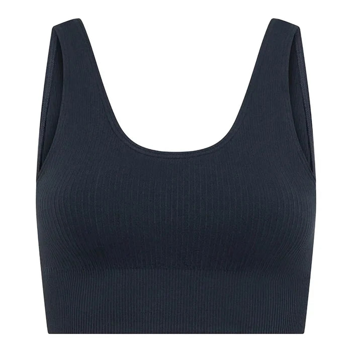 A dark navy blue ribbed knit scoop-neck tank top with wide shoulder straps, shown against a plain white background.
