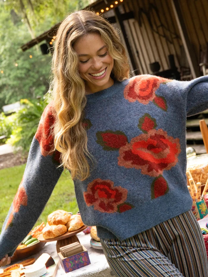 Rosie Jacquard Pullover Sweater - Denim Floral-view 1