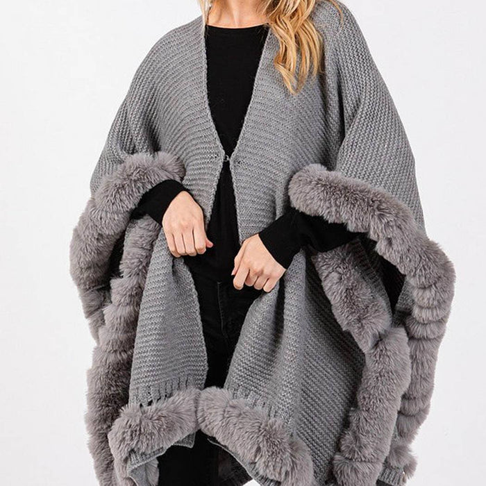 Silver Grey Faux Fur Trim Cape Poncho