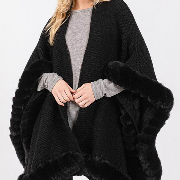 Silver Grey Faux Fur Trim Cape Poncho