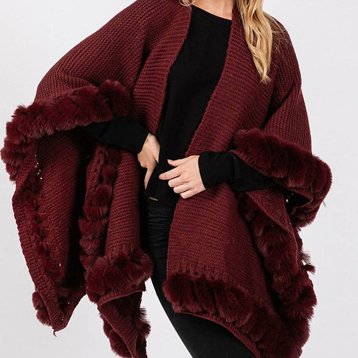 Silver Grey Faux Fur Trim Cape Poncho