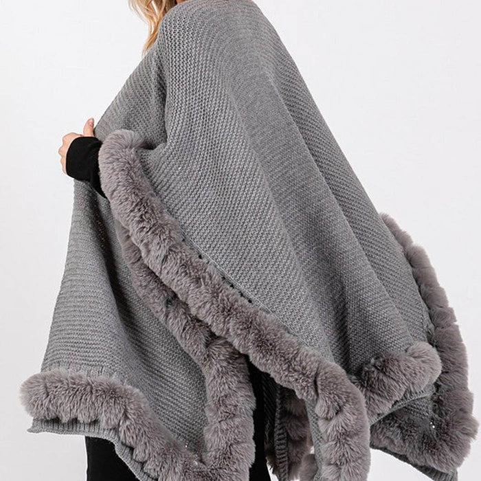 Silver Grey Faux Fur Trim Cape Poncho