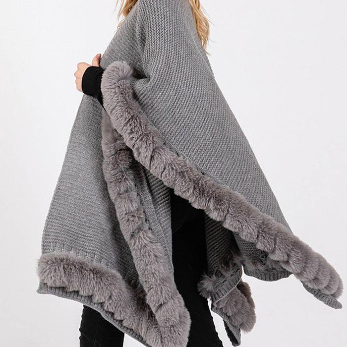 Silver Grey Faux Fur Trim Cape Poncho