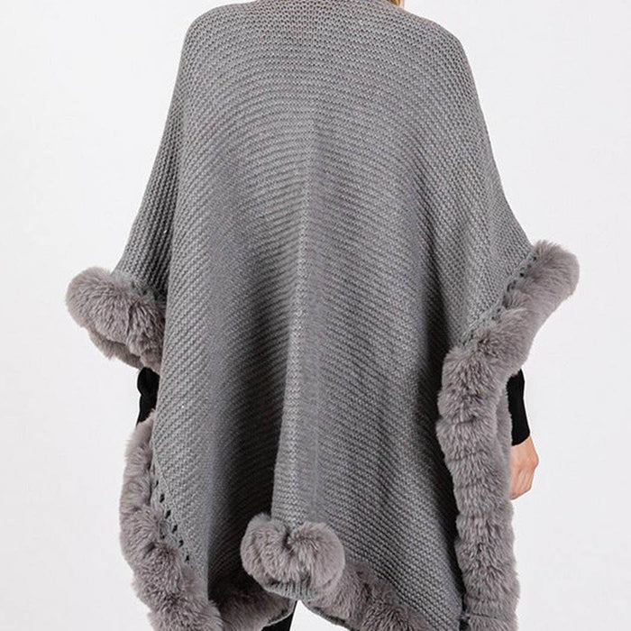 Silver Grey Faux Fur Trim Cape Poncho