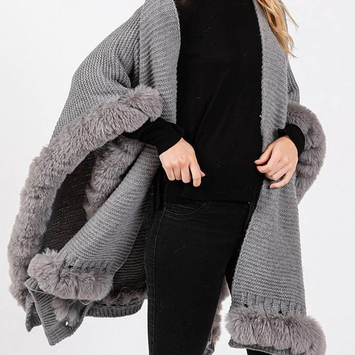 Silver Grey Faux Fur Trim Cape Poncho