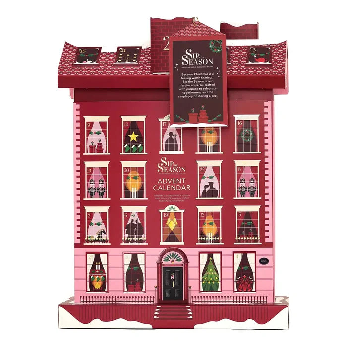 Advent calendar designed as a multi-story red and pink building with illustrated Christmas windows.