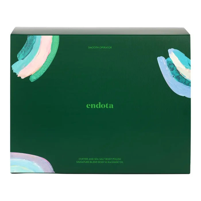 Endota Smooth Operator Coffee and Sea Salt Body Polish signature blend box, featuring a dark green packaging design with abstract pastel rainbow brushstrokes and the brand name 'endota' in the center.