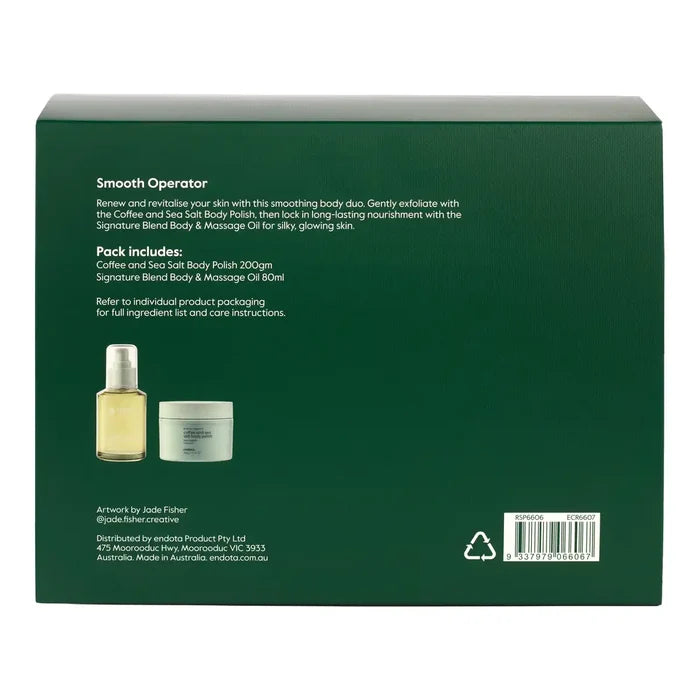 The back of a dark green product box showing the 'Smooth Operator' body care set, with product descriptions, a small bottle and jar illustration, a barcode, and recycling symbols.