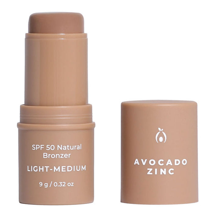 SPF 50 Natural Bronzer stick with 'Avocado Zinc' branding on a white background. Light - Medium shade.