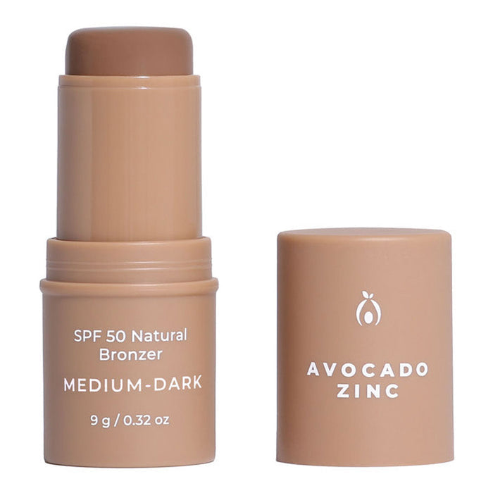 SPF 50 Natural Bronzer stick in Medium - Dark shade with 'Avocado Zinc' branding on a white background.