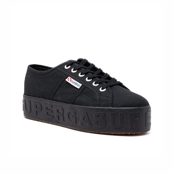 Women’s black lace-up low-top sneakers with textured sole and 3D lettering