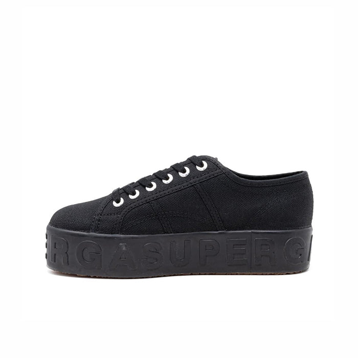 Women’s black lace-up low-top sneakers with patterned 3D platform text on side