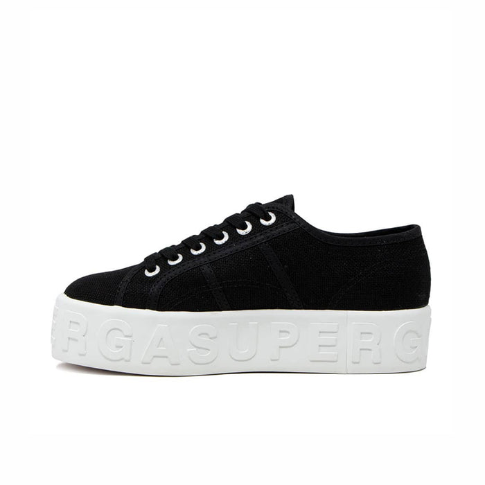 Women’s black lace-up low-top sneakers with white platform sole and 3D side lettering