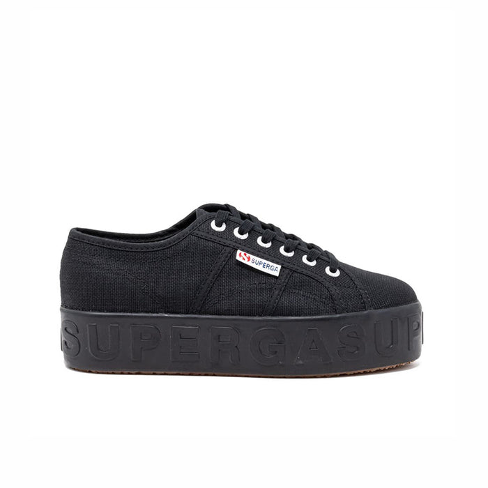 Women’s black lace-up low-top sneakers with light 3D lettering across platform