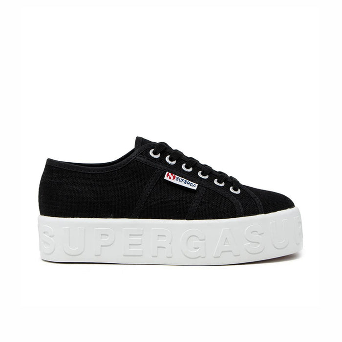 Women’s black lace-up low-top sneakers with white platform sole and embossed 3D lettering