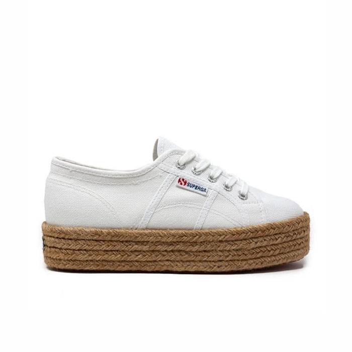 Superga 2790 women's white lace-up sneakers with tan rope platform sole, side view