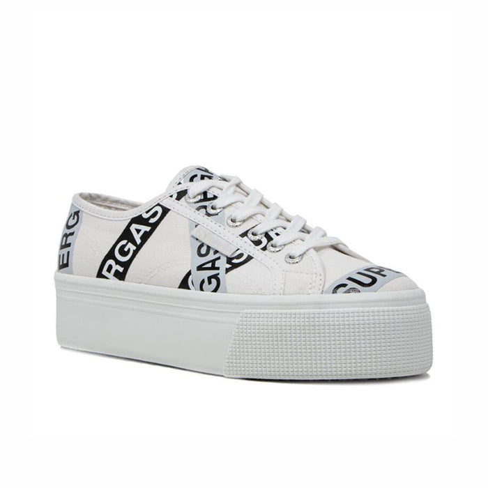 White canvas low-top sneakers with lace-up front and large RG A lettering tape panels