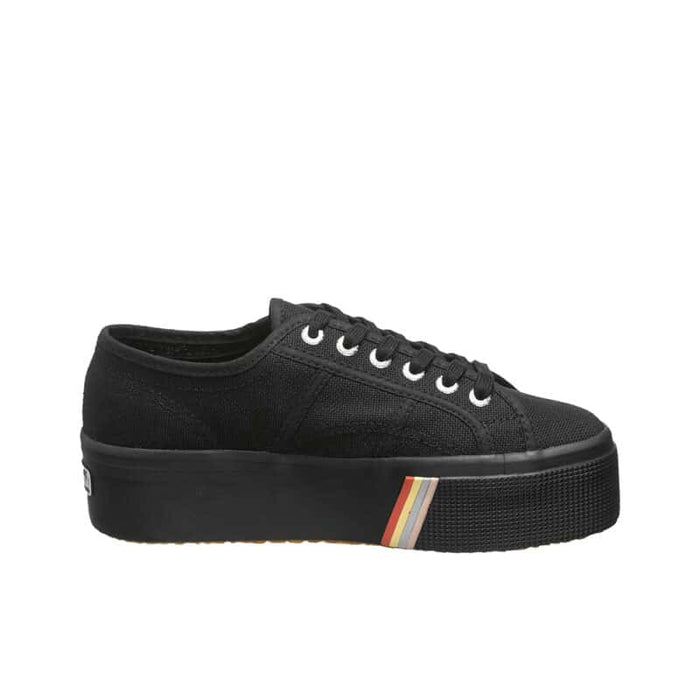Black lace-up platform sneaker with multicolor striped foxing trim