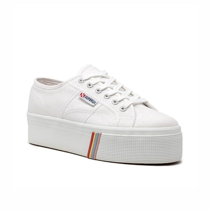 White lace-up platform sneaker with multicolor striped foxing trim