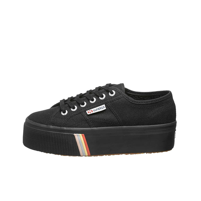 Black lace-up platform sneaker with multicolor striped foxing detail