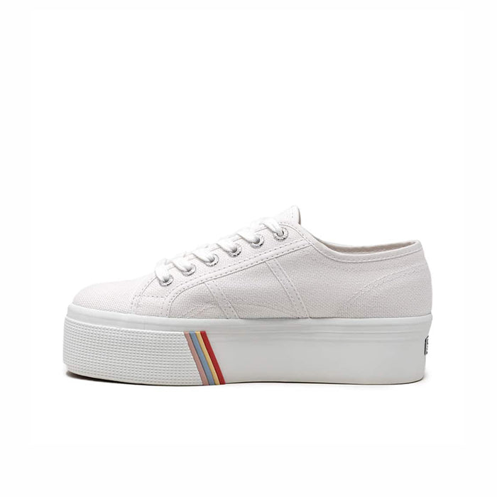 White lace-up platform sneaker with multicolor striped foxing detail