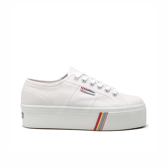 White lace-up platform sneaker with multicolor striped foxing trim