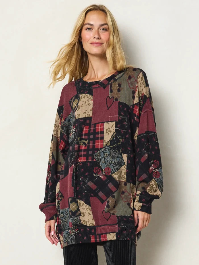 Taylor Oversized Cotton Sweater - Aspen Patchwork Burgundy-view 1