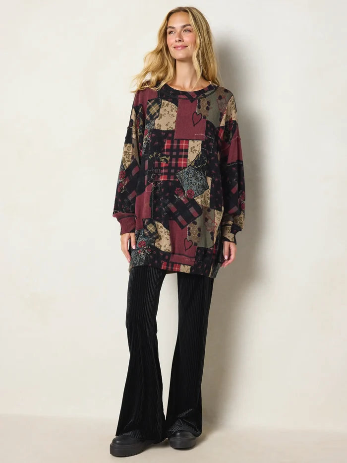 Taylor Oversized Cotton Sweater - Aspen Patchwork Burgundy-view 2